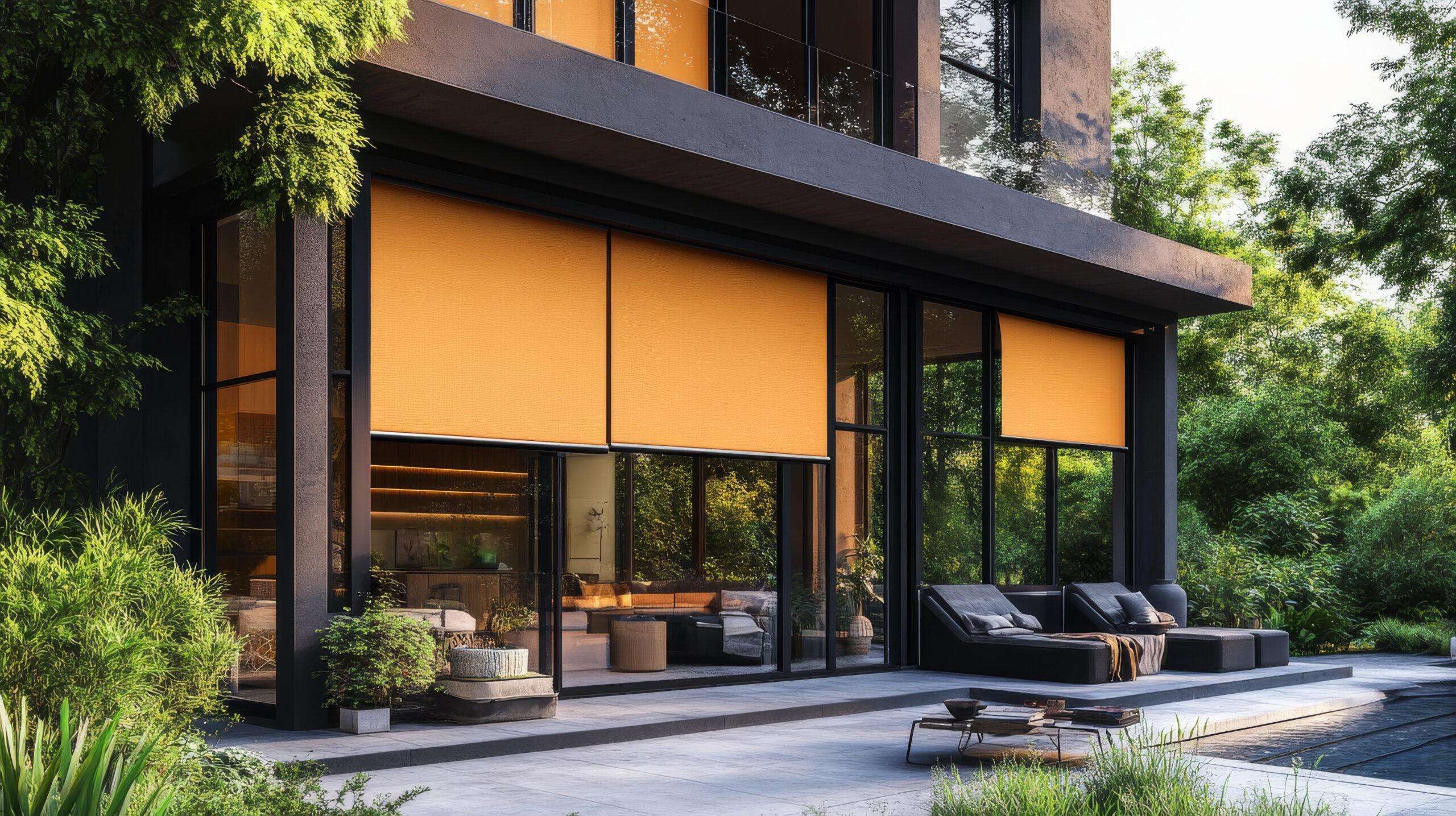 3D illustration of a modern house with terrace featuring window roller shades Stick On Serenity Voile White Roller Blind - Image 1