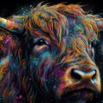 Highland cow in vibrant neon colors and flower petals isolated on black with a retro style