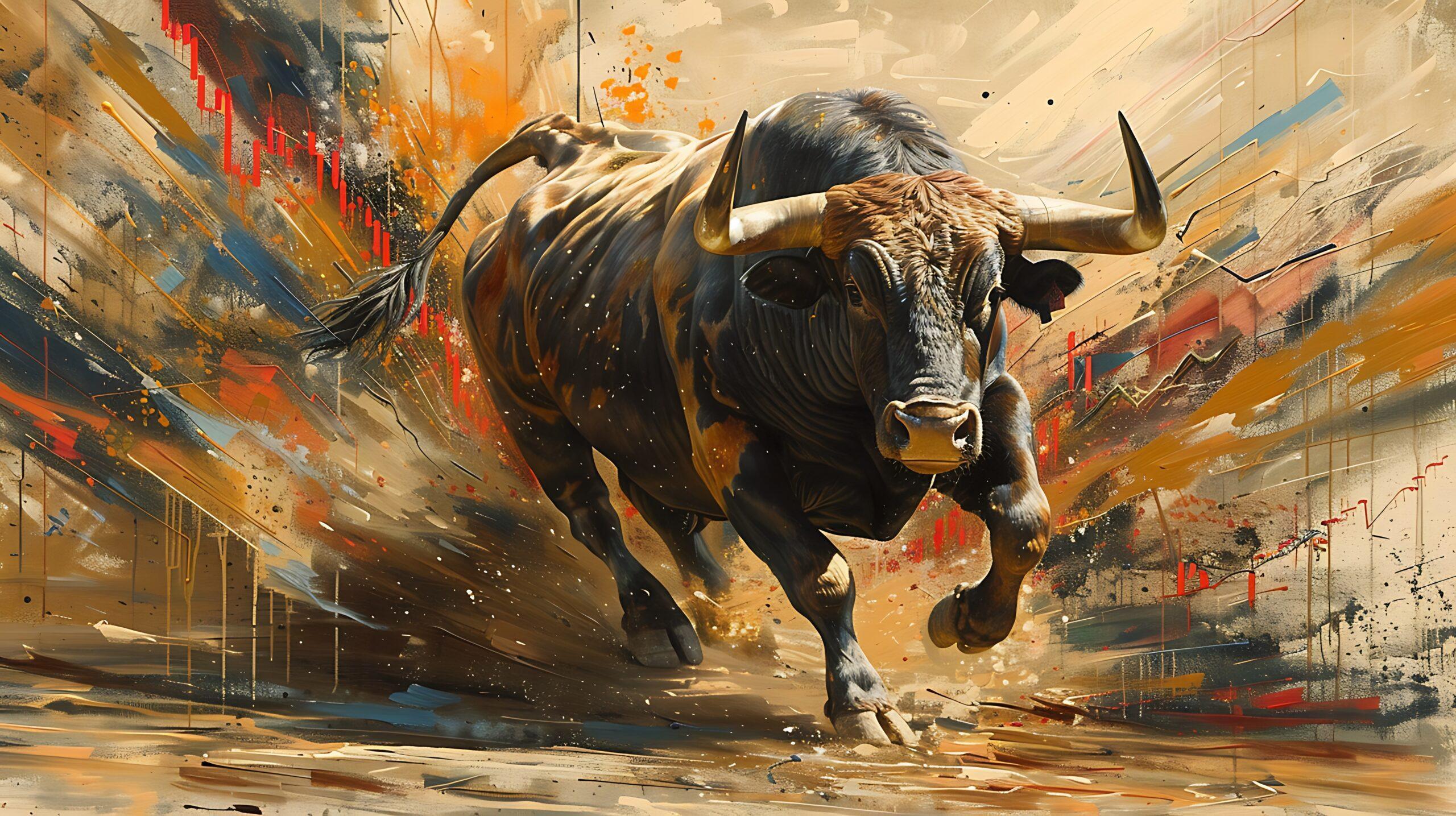 A hyper-realistic painting of a powerful bull in full charge, signifying a bullish market with sleek, upward-moving stock charts in the background. Bull MURAL WALLPAPER, Available in Various Paper Texture, Code A321. It is Produced as 105 CM WIDE ROLL PANELS. - Image 1